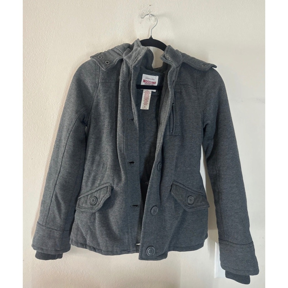 VTG Mossimo Gray Hooded Utility Jacket Coat Faux Fur Trim Small